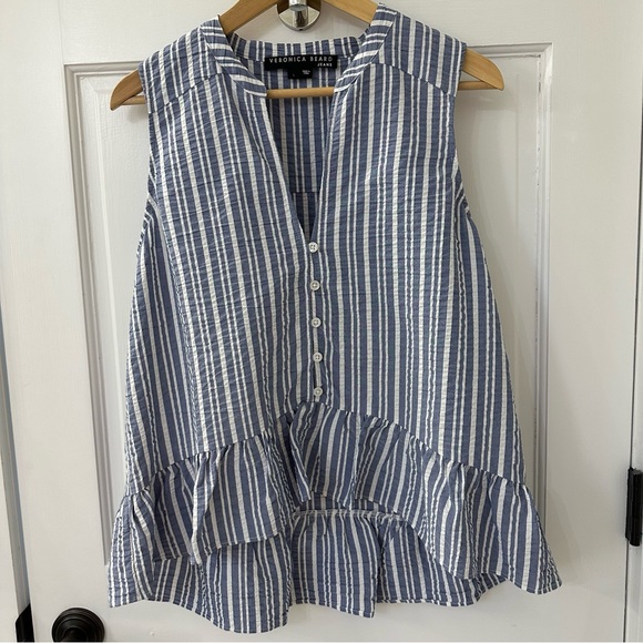 Veronica Beard Jeans Antonia Sleeveless Striped Ruffled Shirt, Size Large - Picture 4 of 14